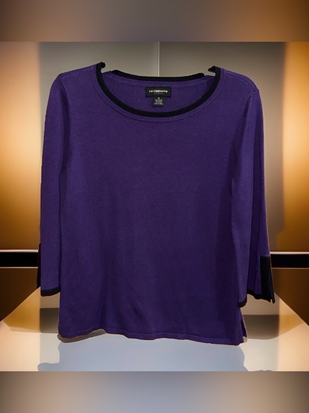 Liz Claiborne Purple Long Sleeve Scoop Neck Knit Top w/Black Trim-M-GC